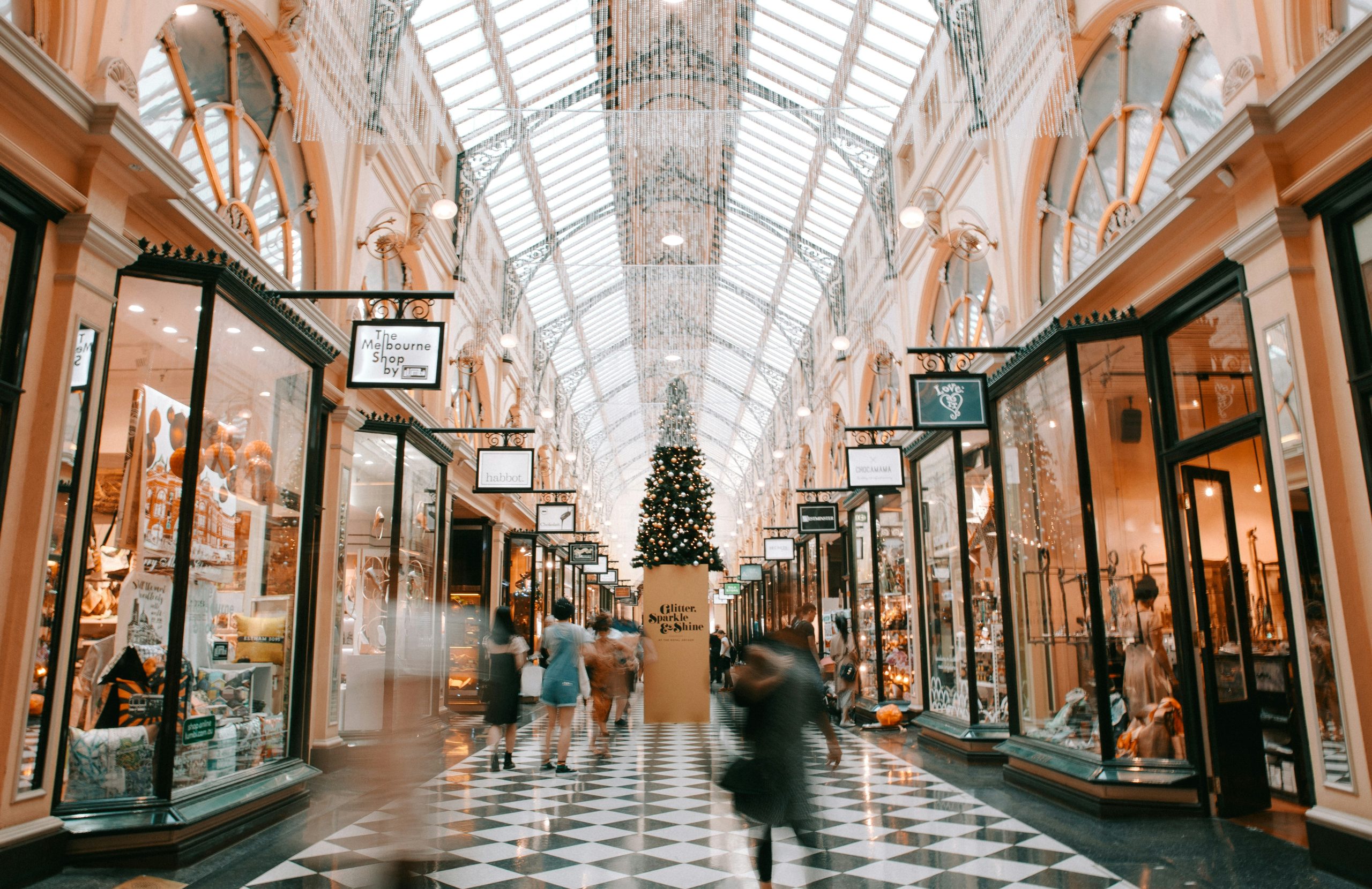 Shopping mall arcade interior with LED display