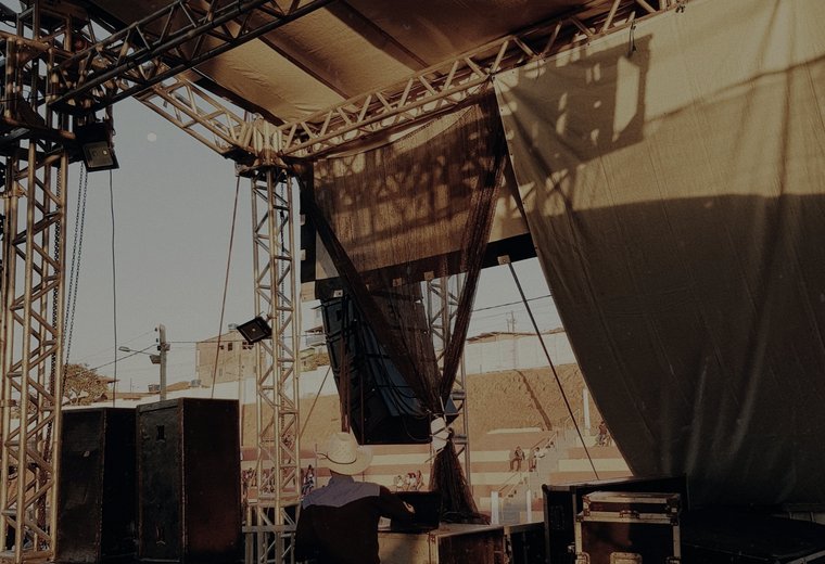Stage · truss and speakers during build, application reference