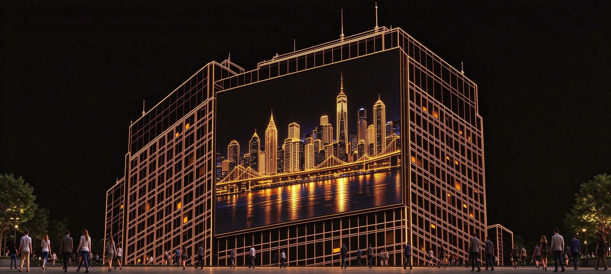 LED screen on a building facade at night, seen from street level